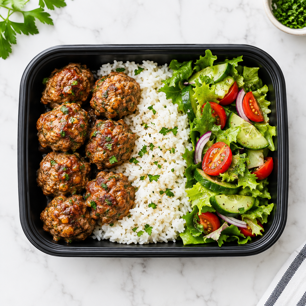Albóndigas de Carne Molida con Arroz y Ensalada Verde Fresca