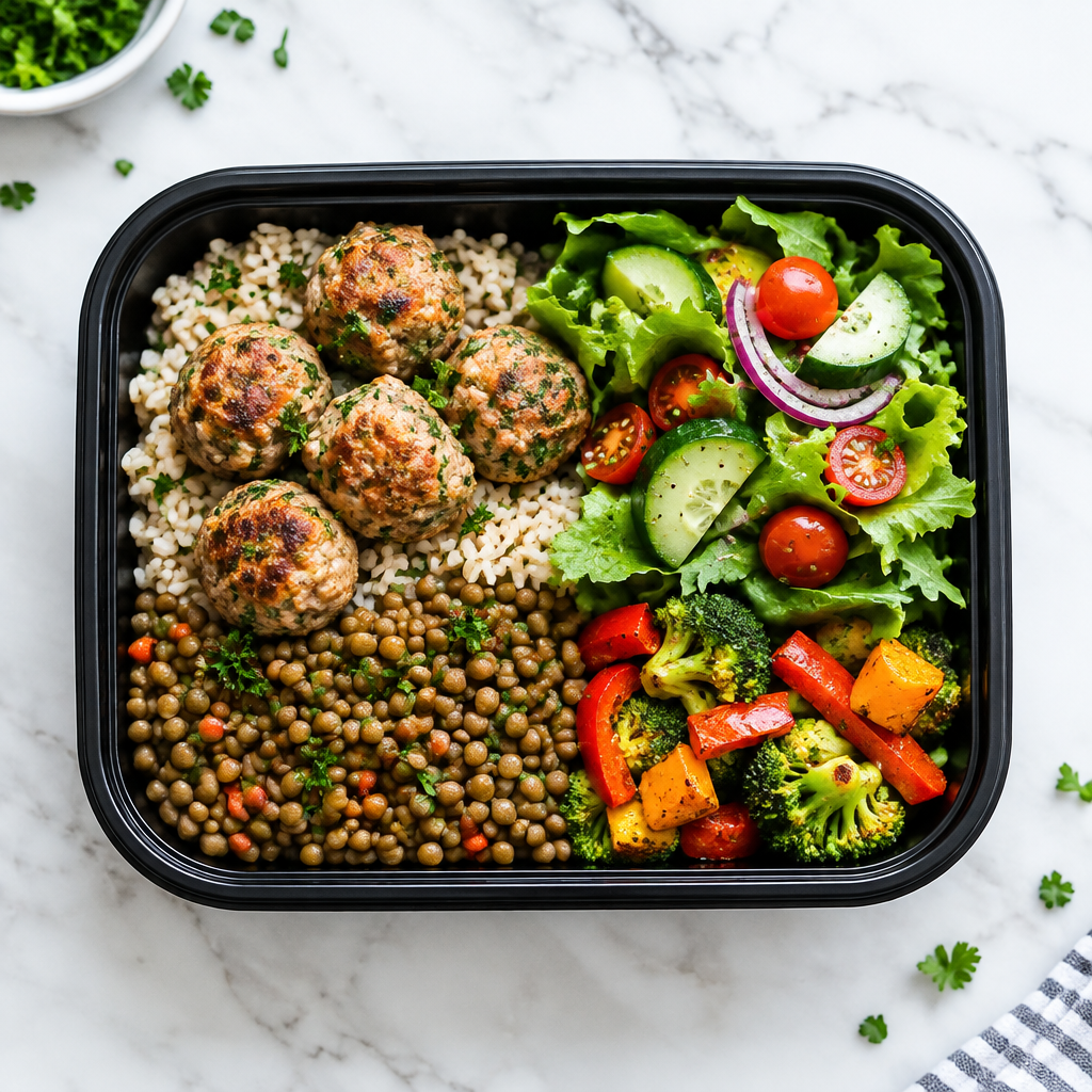 Albóndigas de Pavo con Arroz, Lentejas y Ensalada